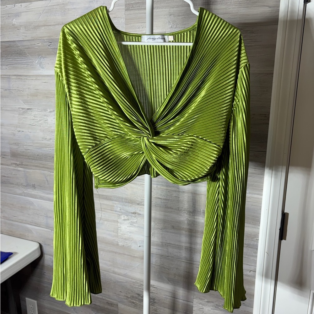 Jay Godfrey Lime Green Pleated Twist-Front Long-Sleeve Crop Top 1080